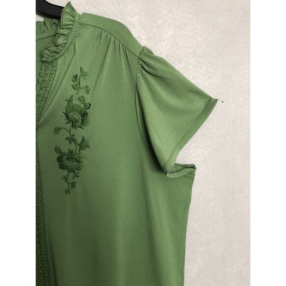 Rio & Rian Embroidered Top Women's 3X Ruffle Neck Vineyard Green NEW - Picture 4 of 10